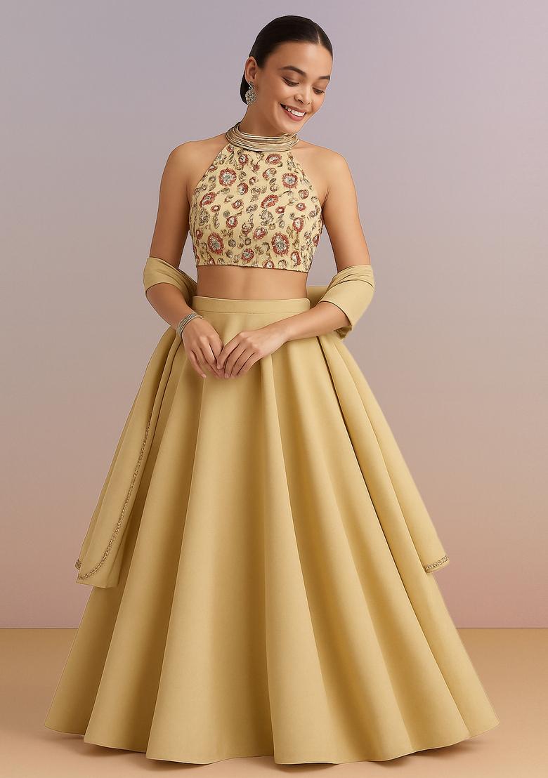 Cream Printed Blouse Georgette Lehenga Set - Indya