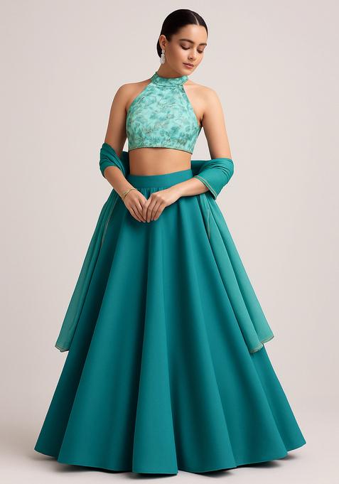 Turquoise Blue Printed Blouse Georgette Lehenga Set