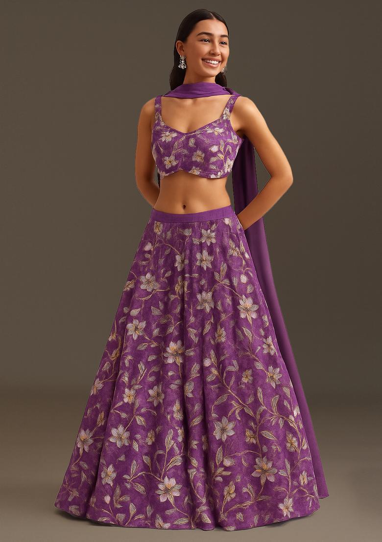 Purple Printed Crepe Lehenga Set - Indya