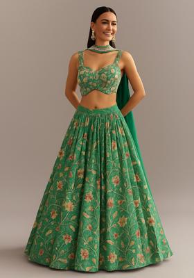 Green Printed Crepe Lehenga Set