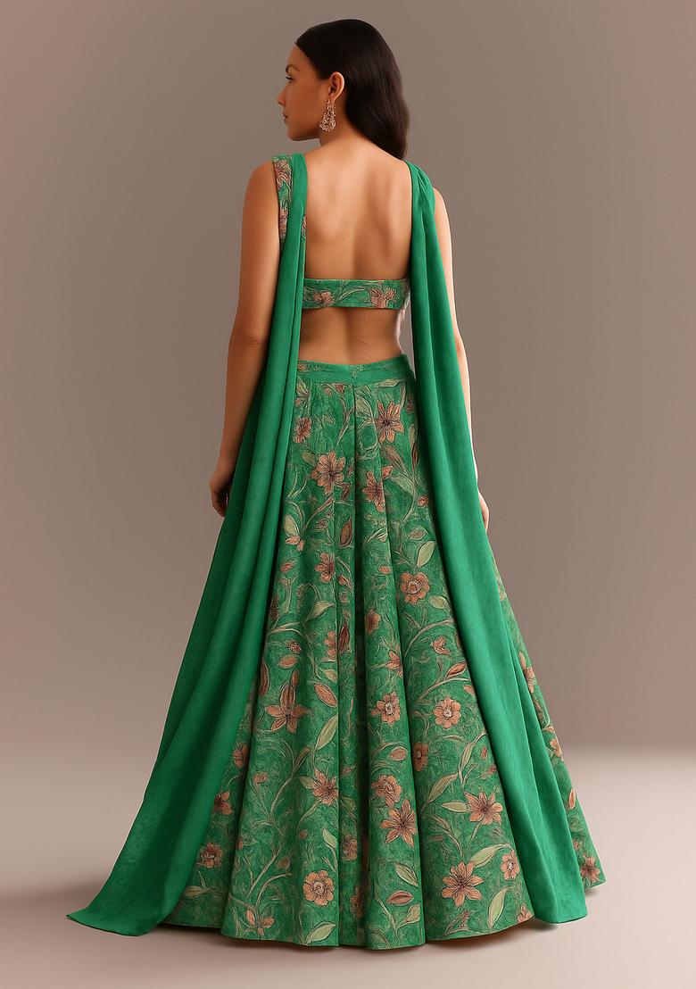 Green Printed Crepe Lehenga Set - Indya