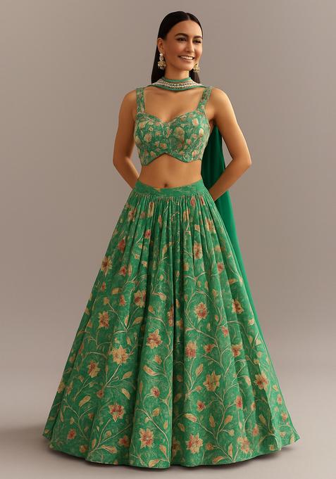 Green Printed Crepe Lehenga Set