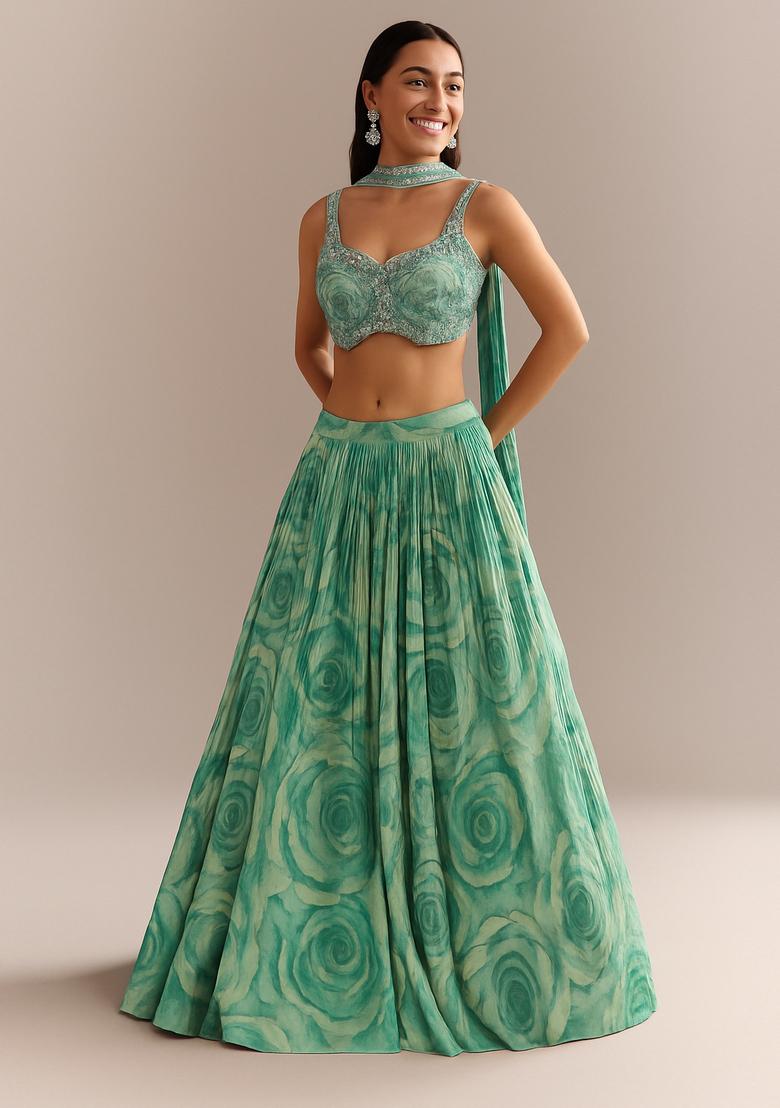 Sea Green Printed Chinon Chiffon Lehenga Set