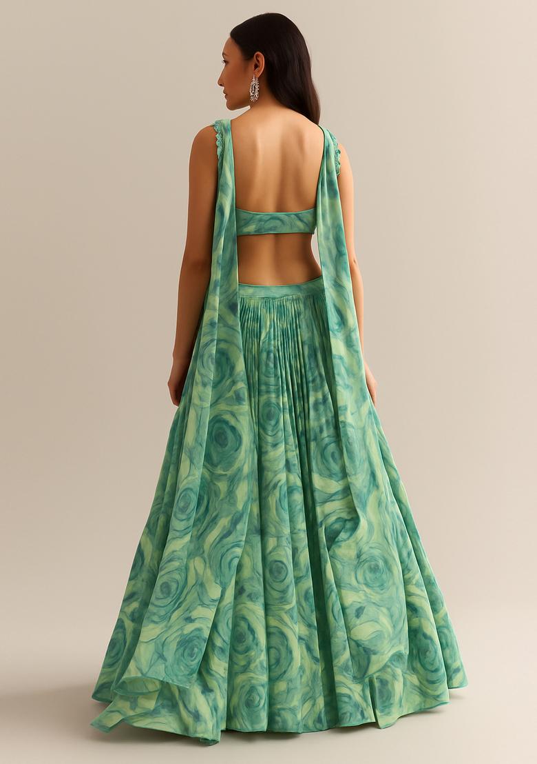Sea Green Printed Chinon Chiffon Lehenga Set - Indya