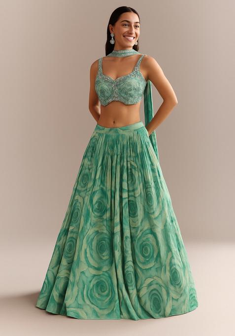 Sea Green Printed Chinon Chiffon Lehenga Set