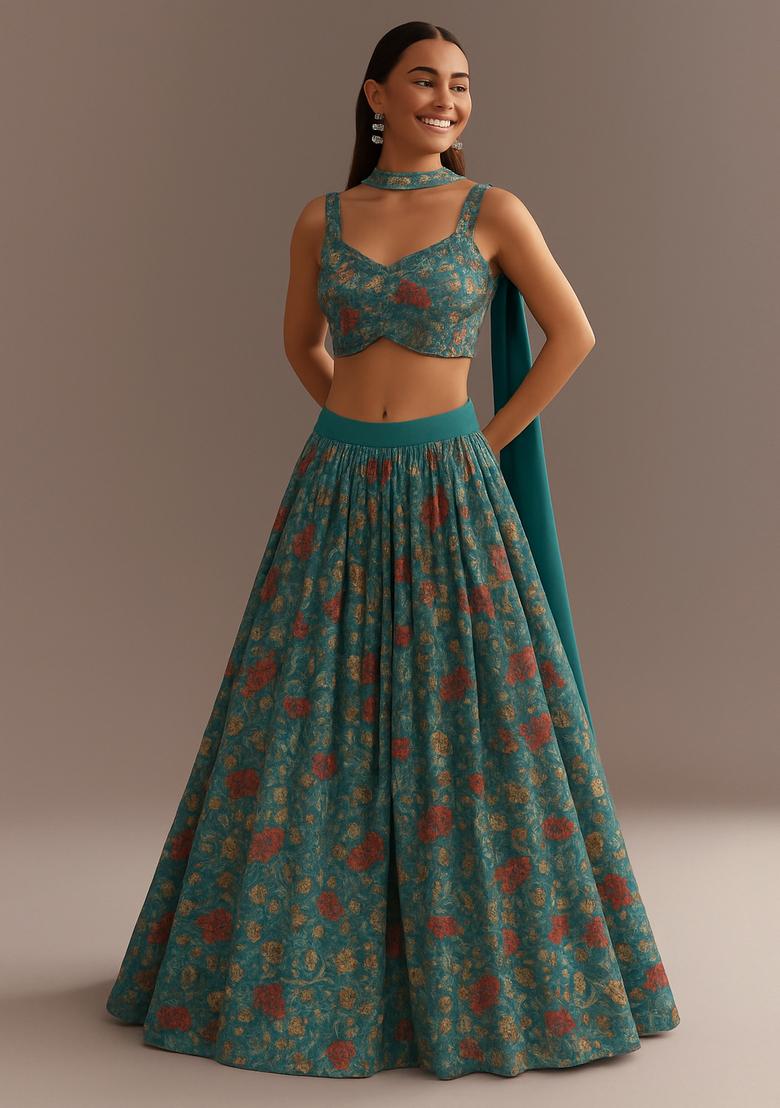 Sea Blue Printed Organza Lehenga Set - Indya