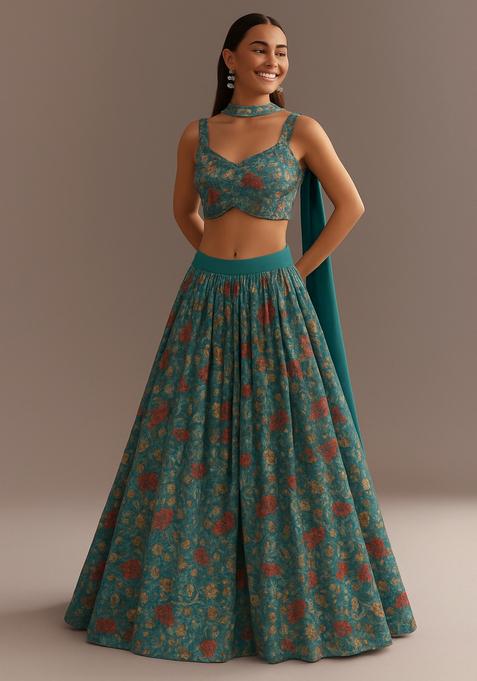 Sea Blue Printed Organza Lehenga Set