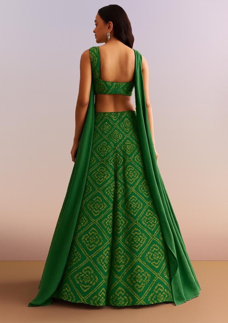Green Printed Kota Doria Lehenga Set - Indya