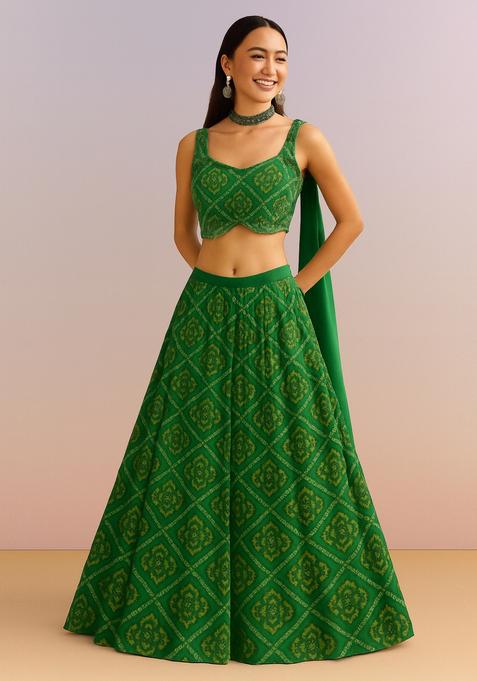 Green Printed Kota Doria Lehenga Set