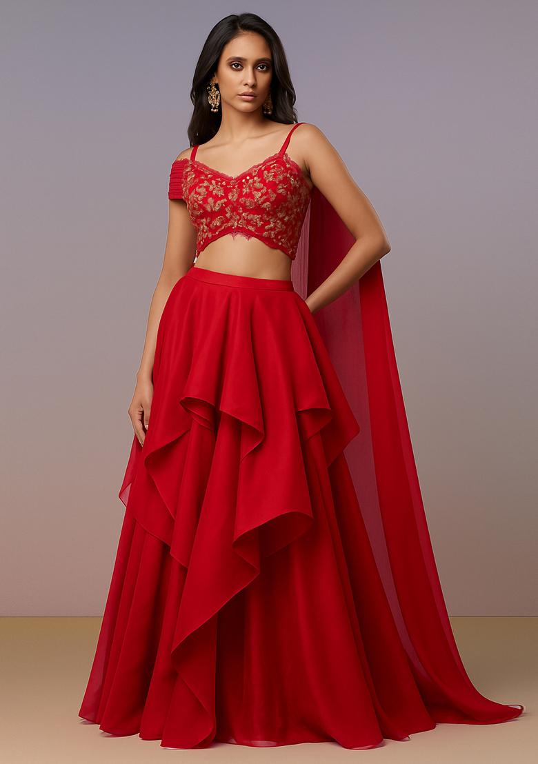 Red Sequin Blouse Georgette Lehenga Set - Indya