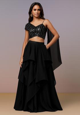 Black Sequin Blouse Georgette Lehenga Set