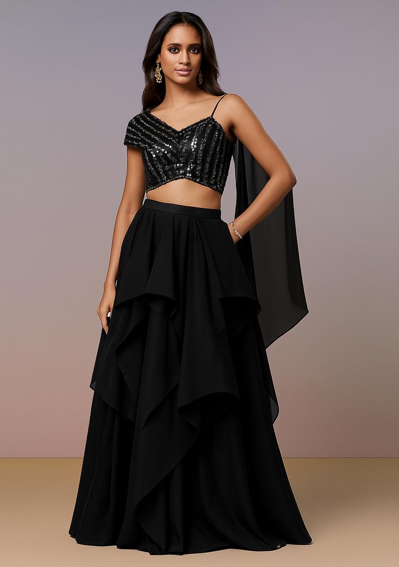 Black Sequin Blouse Georgette Lehenga Set - Indya