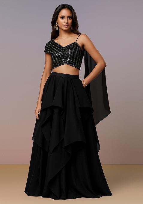 Black Sequin Blouse Georgette Lehenga Set