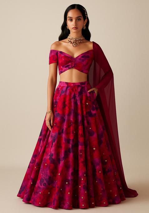Multicolor Printed Polyester Lehenga Set