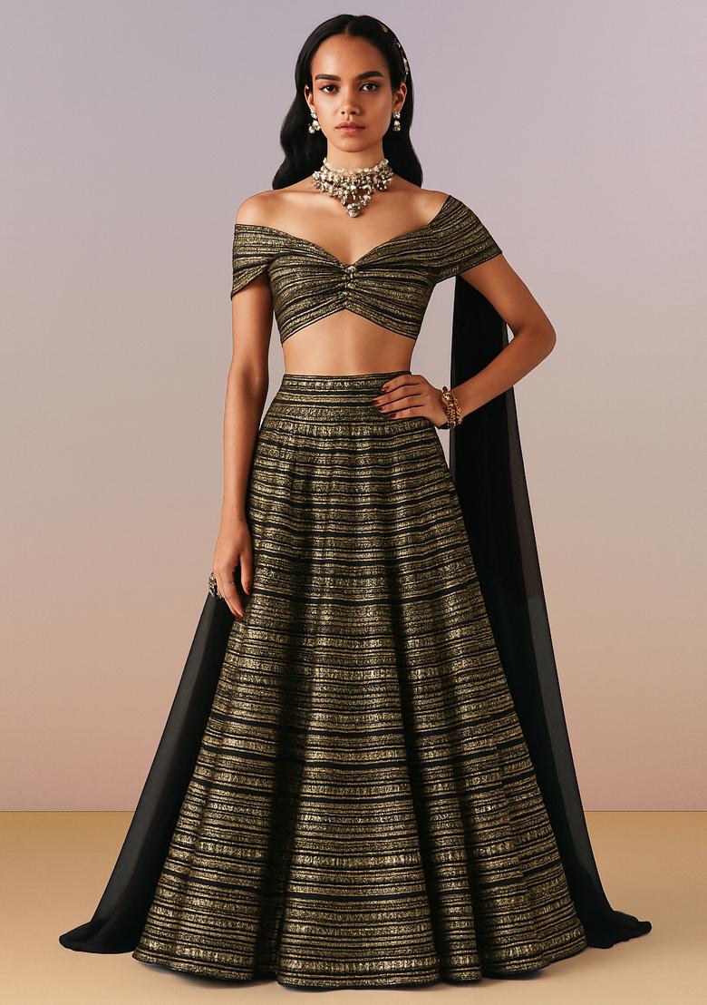 Black And Golden Embellished Net Lehenga Set