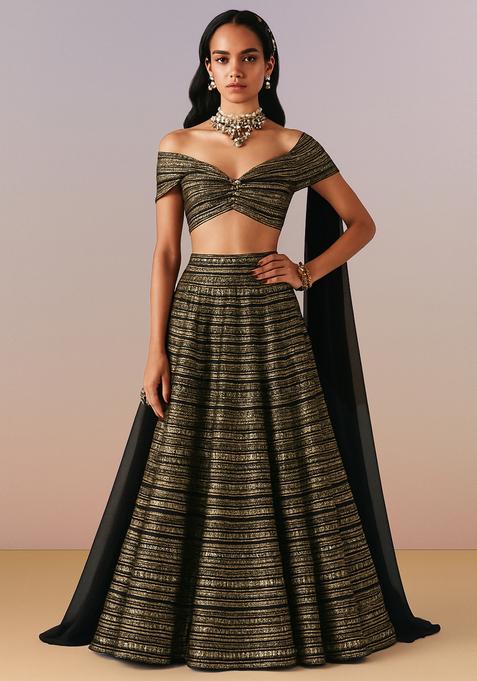 Black And Golden Embellished Net Lehenga Set