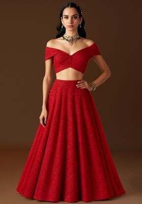 Red Embellished Viscose Crape Lehenga Set