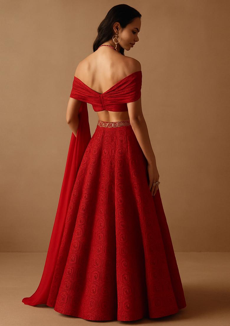 Red Embellished Viscose Crape Lehenga Set - Indya