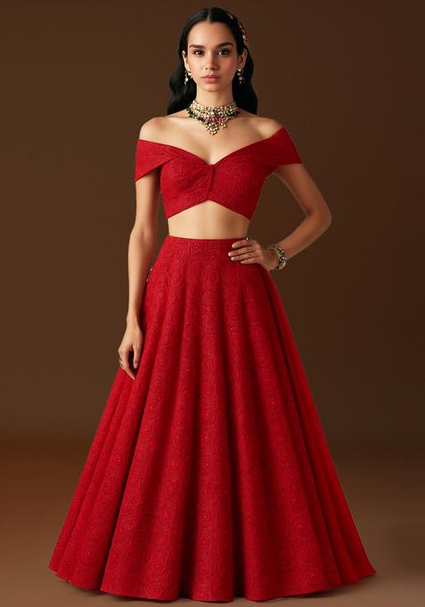Red Embellished Viscose Crape Lehenga Set