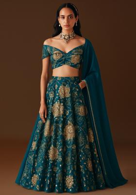 Turquoise Embroidered Satin Lehenga Set