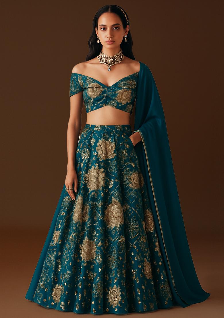 Turquoise Embroidered Satin Lehenga Set