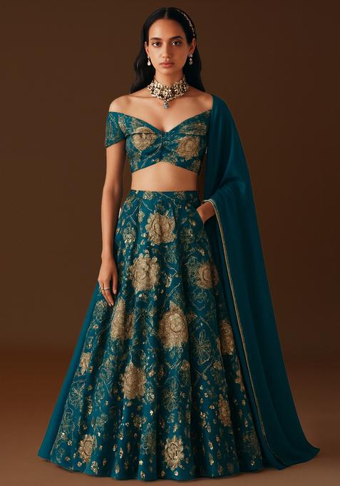 Turquoise Embroidered Satin Lehenga Set