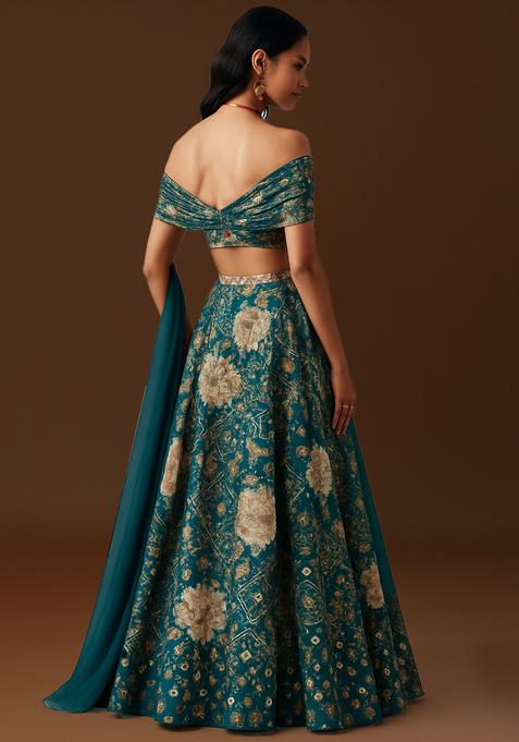 Turquoise Embroidered Satin Lehenga Set