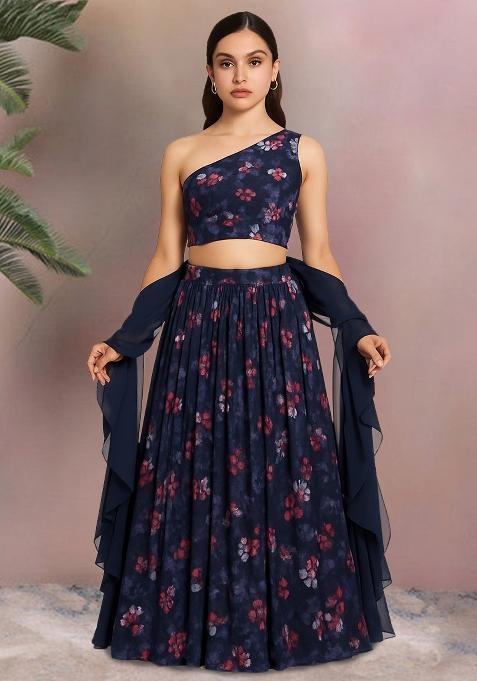 Blue Printed Chiffon Lehenga Set
