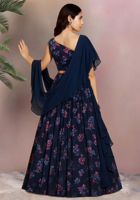 Blue Printed Chiffon Lehenga Set