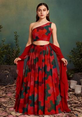 Red Printed Poly Blend Lehenga Set