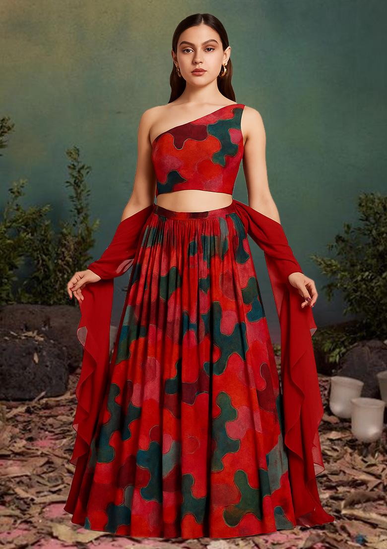Red Printed Poly Blend Lehenga Set