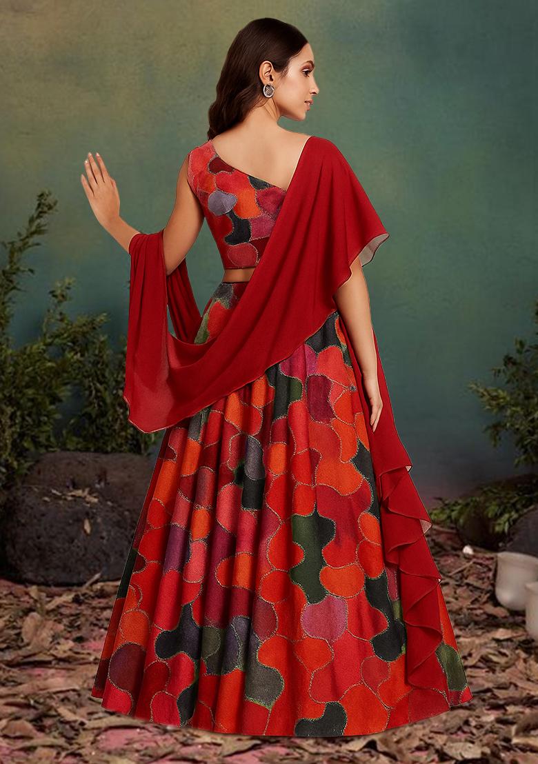 Red Printed Poly Blend Lehenga Set - Indya