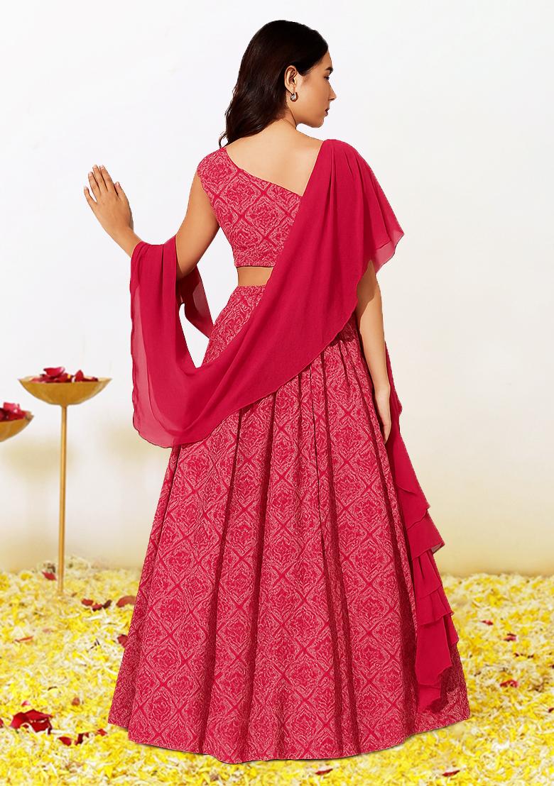Pink Printed Georgette Lehenga Set - Indya