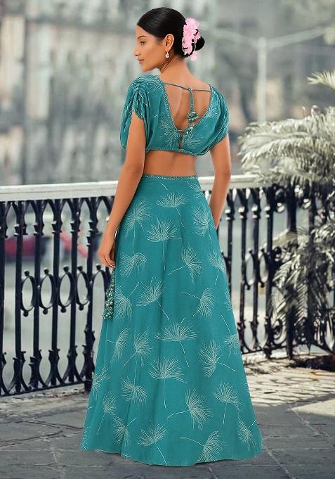 Blue Printed Silk Lehenga Set