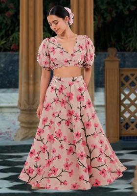 Pink Printed Silk Crop Top Skirt Set