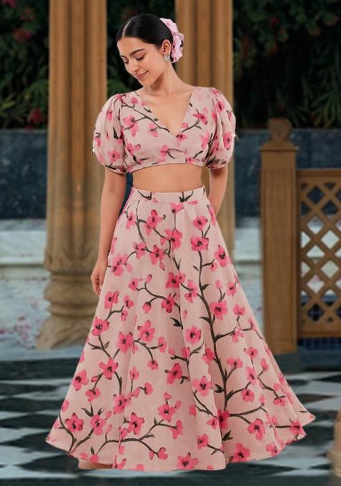 Pink Printed Silk Lehenga Set