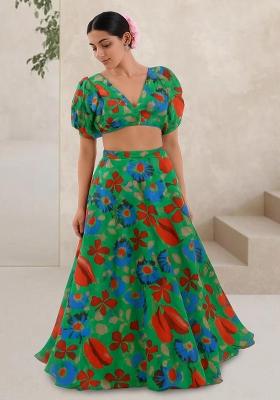 Green Printed Chinon Crop Top Skirt Set