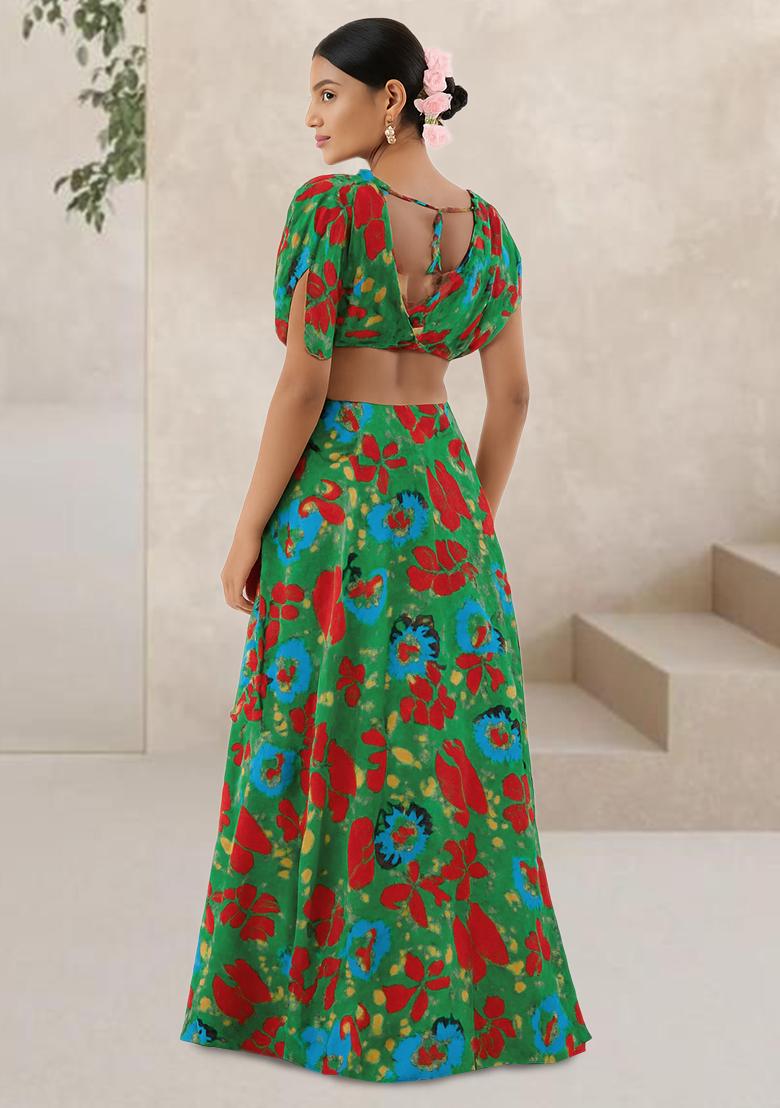 Green Printed Chinon Crop Top Skirt Set - Indya