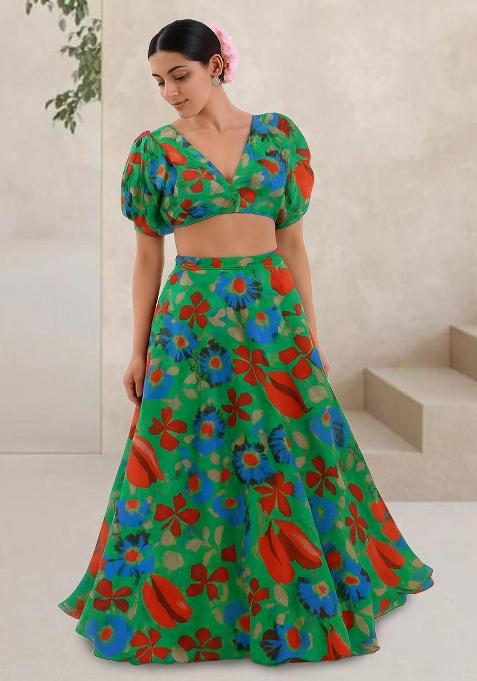Green Printed Chinon Lehenga Set