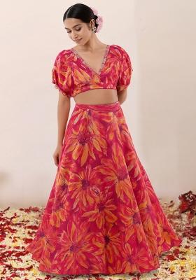 Pink Printed Satin Crop Top Skirt Set
