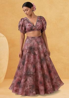 Pink Printed Georgette Crop Top Skirt Set
