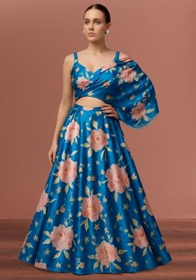 Blue Printed Satin Crop Top Skirt Set