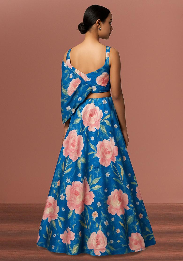 Blue Printed Satin Crop Top Skirt Set - Indya