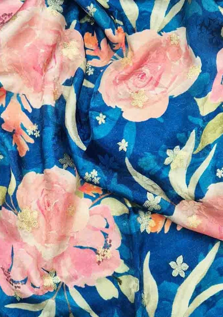 Blue Printed Satin Crop Top Skirt Set - Indya