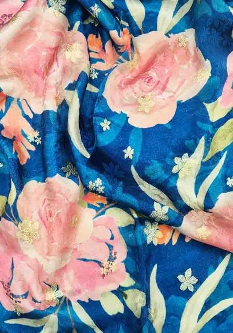 Blue Printed Satin Lehenga Set