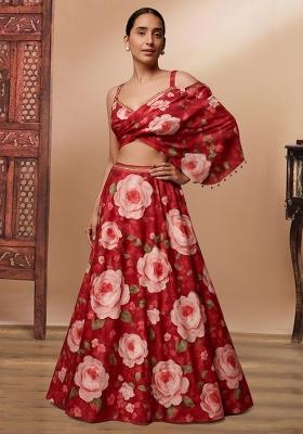 Red Printed Satin Crop Top Skirt Set