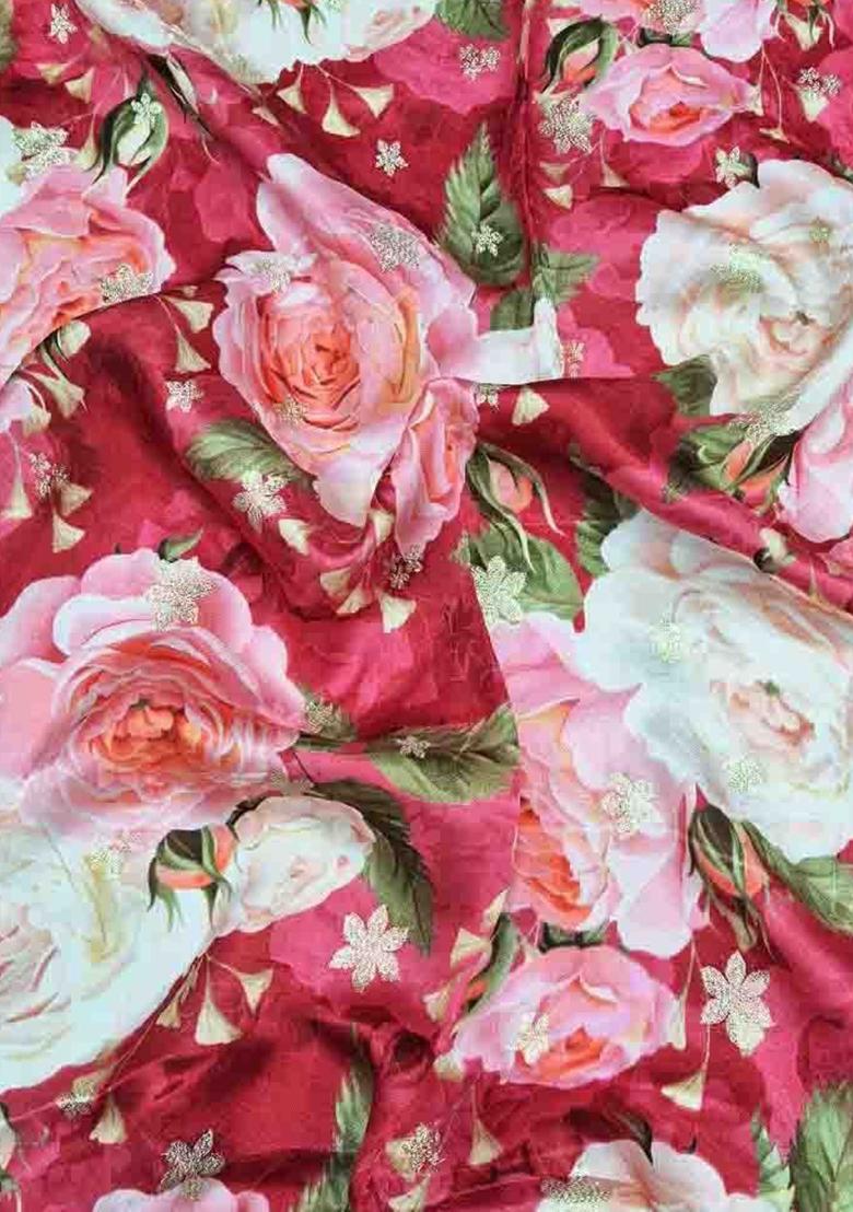 Red Printed Satin Lehenga Set