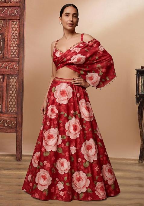 Red Printed Satin Lehenga Set
