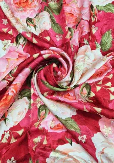 Red Printed Satin Lehenga Set