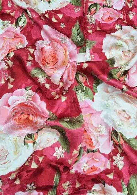 Red Printed Satin Lehenga Set